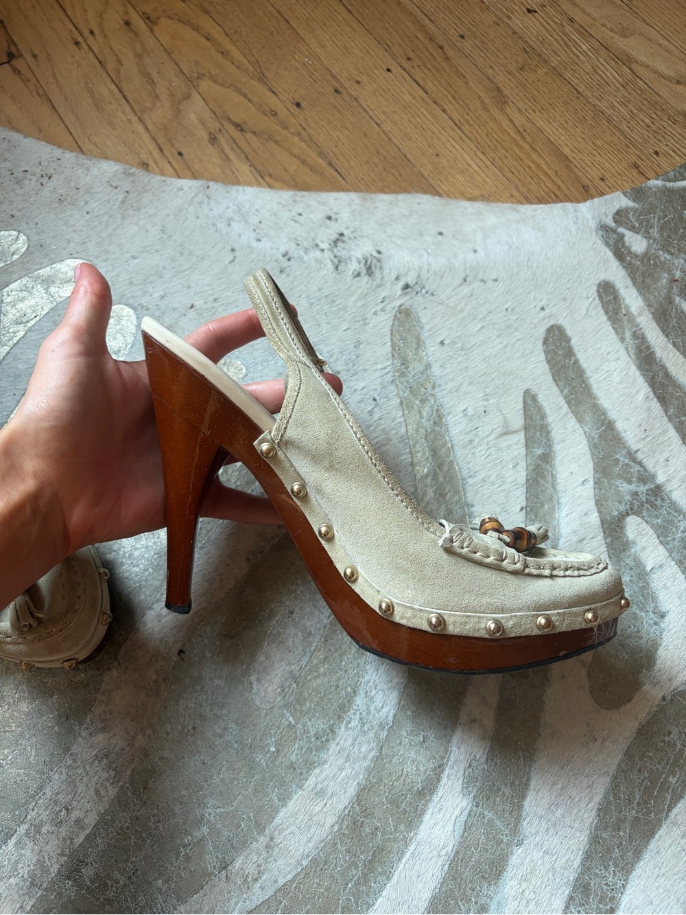 Gucci Cream Suede Wooden Platform Slingback Heels with Studs